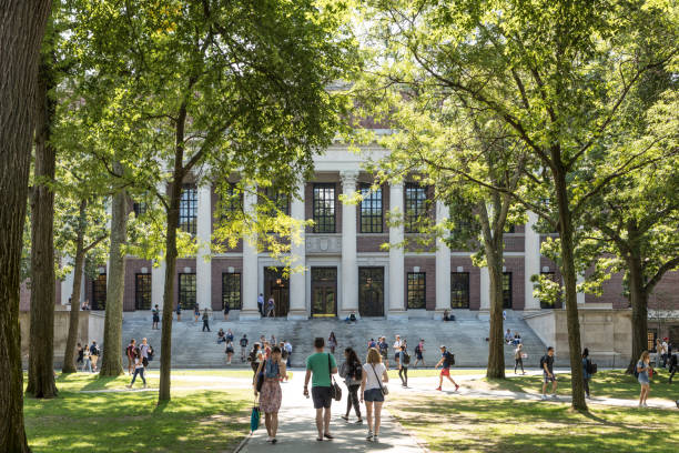 学生と観光客はハーバード ヤード、ハーバード大学のキャンパスのオープンの古い中心部の芝生の椅子で休む - キャンパス ストックフォトと画像