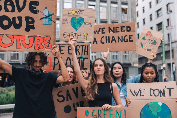 Students and young people protesting for climate emergency stock photo