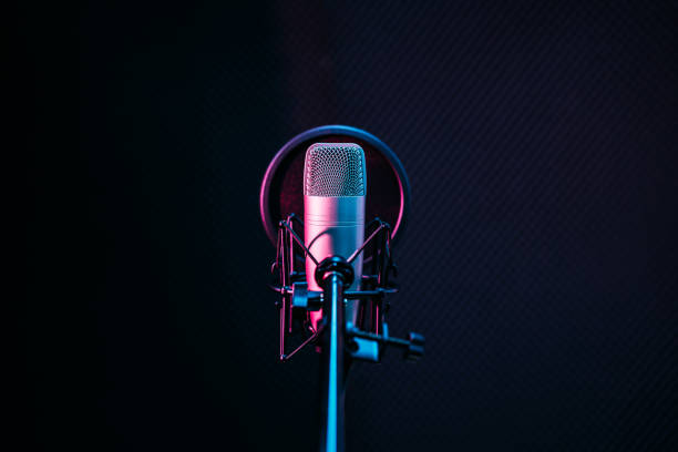 studio microphone and pop shield on mic in the empty recording studio with copy space. performance and show in the music business equipment. - music imagens e fotografias de stock