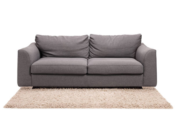 studioaufnahme eines grauen sofas auf einem teppich - sofa stock-fotos und bilder