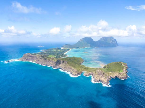 Stunning aerial panorama drone view of Lord Howe Island, a pacific subtropical island in the Tasman Sea between Australia and New Zealand. Lord Howe belongs to New South Wales, Australia. stock photo