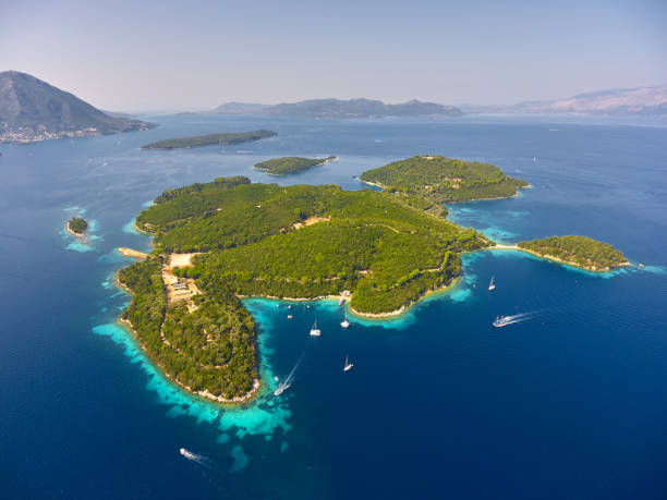 Stunning aerial view of Skorpios island, Skorpidi island and Sparti Lefkados island. stock photo