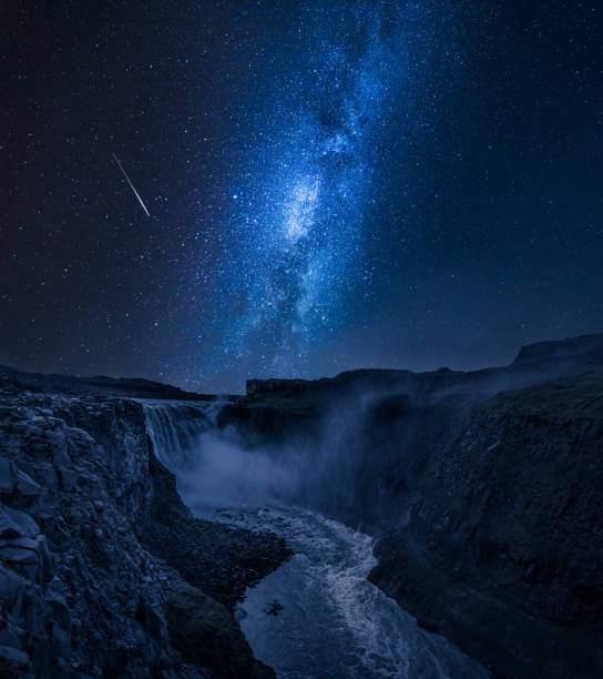 Stunning Dettifoss waterfall and milky way in Iceland at night  dettifoss waterfall stock pictures, royalty-free photos & images