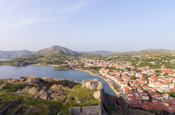 Stunning view to Myrina village, Lemnos island, Greece, as seen from the old fortress stock photo