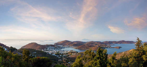 Stunning view to the sea from the chora of Patmos island, Greece, in the evening stock photo
