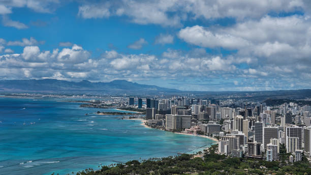 Stunning views from the volcanic cone, Diamond Head, towards Waikiki beach, Honolulu, Oahu Island, Hawaii, USA stock photo