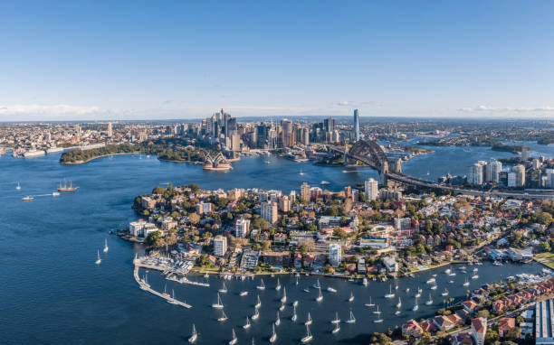 Stunning wide angle panoramic aerial drone view of the City of Sydney, Australia skyline with Harbour Bridge and Kirribilli suburb in foreground. Photo shot in May 2021, showing newest skyscrapers. stock photo