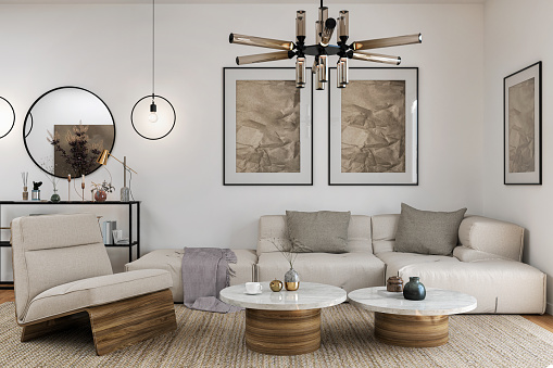 Picture of a modern, stylish, and cozy living room. Render image.
