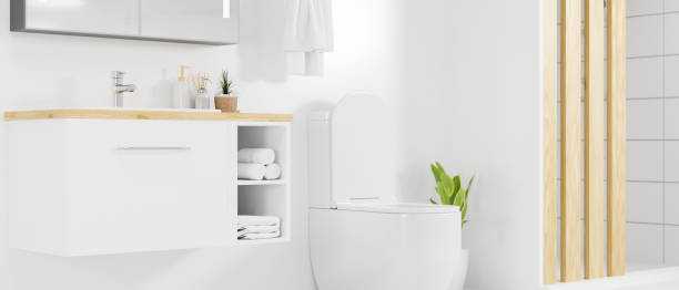 Stylish bathroom interior in bright white decoration style stock photo