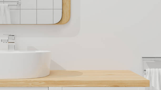 Stylish bathroom interior with mockup space for montage on wooden bathroom countertop, 3d rendering stock photo