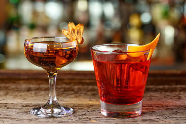 Stylish cocktails on the bar. Elite alcoholic drink based on whiskey. stock photo