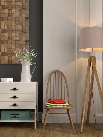Stylish Composition With A White Chest Of Drawers And A Chair