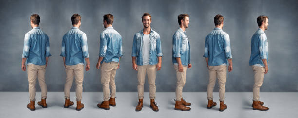 Stylish from every angle Full length multiple shot of a handsome young man posing at different angles against a gray background in the studio same person different outfits stock pictures, royalty-free photos & images