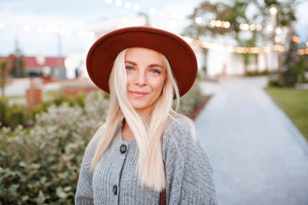 Stylish oman wear hat outdoors stock photo