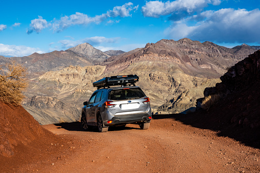 Death Valley National Park, United States: February 20, 2021: Subaru Forester With Rooftop Tent On Titus Canyon Road highlights the adventures one can have with a reliable vehicle in a National Park
