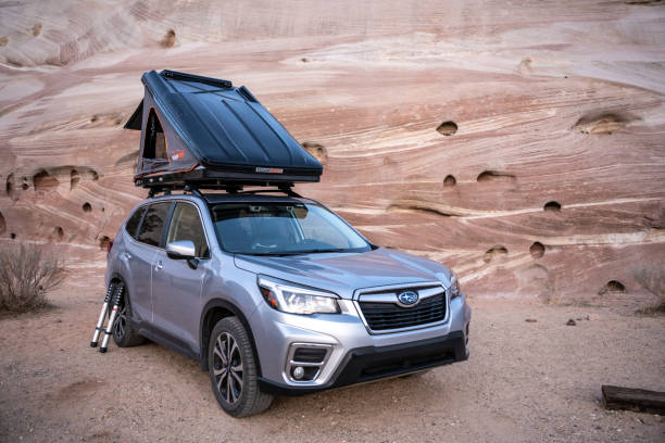Subaru With Roof Top Tent In Southern Utah stock photo