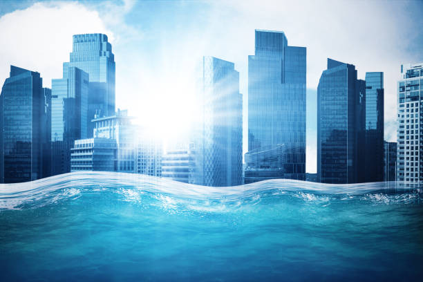 Submerged city with caused by incessant rains stock photo