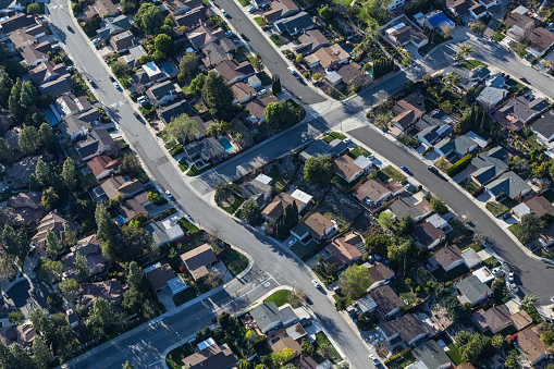 Aerial view of suburban residential area near Los Angeles in Ventura County, California.