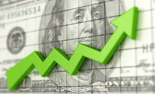 Success business chart with green arrow up and USA dollars background. Profit and money. Financial and business graph. Stock market growth 3d illustration. Success business chart with green arrow up and USA dollars background. Profit and money. Financial and business graph. Stock market growth 3d illustration. United States economy stock pictures, royalty-free photos & images