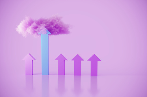 A blue arrows moving up to the clouds between the other arrows, symbolizing financial growth, success concepts. (3d render)
