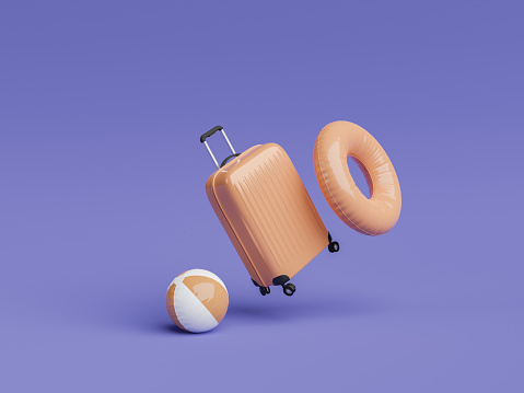 suitcase with beach ball and ring float floating in the air. color of the year 2022. concept of vacation, getaway and travel. 3d rendering