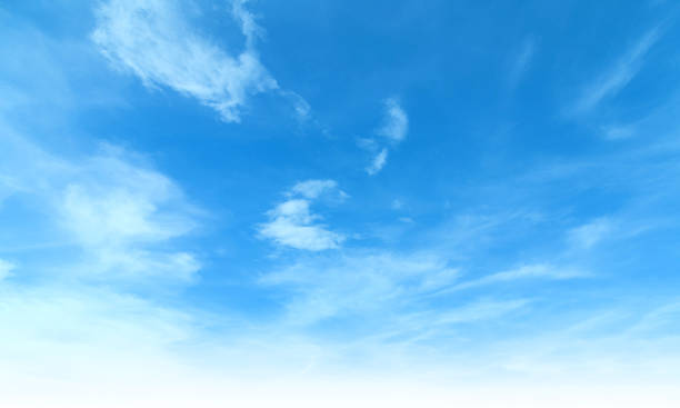 summer blue sky and white cloud white background. beautiful clear cloudy in sunlight calm season. panoramic vivid cyan cloudscape in nature environment. outdoor horizon skyline with spring sunshine. - blå bildbanksfoton och bilder