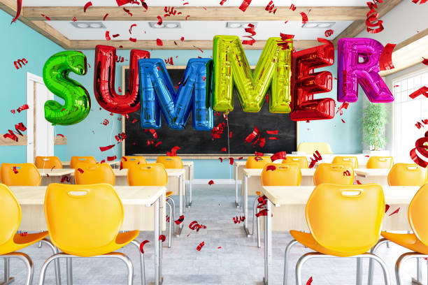 Summer Celebration Concept in a Classroom with Colorful Balloons Summer Celebration Concept in a Classroom with Colorful Balloons. 3D Render classroom party stock pictures, royalty-free photos & images
