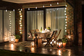 istock Summer evenig terrace with candles, wine and lights 1135183699