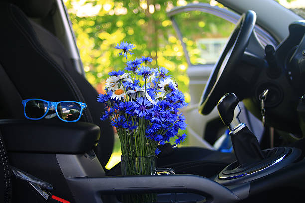 Summer flowers in the car stock photo
