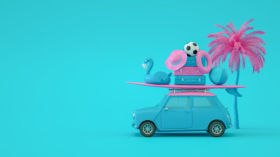 3d rendering of Summer Holiday and Travel Concept with Car. Minimal Design. Blue Background.