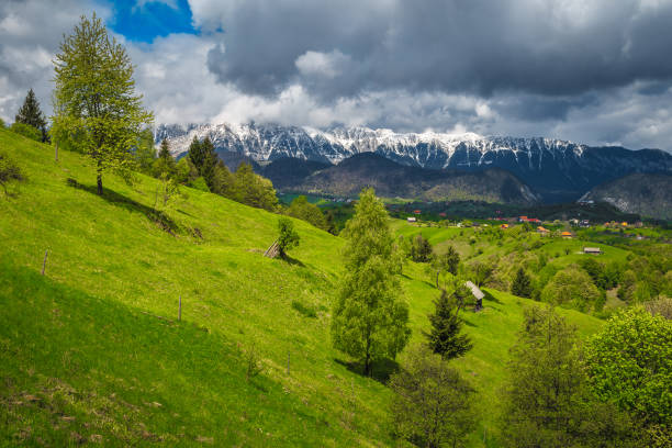 Summer landscape with snowy mountains and Pestera village, Transylvania, Romania stock photo