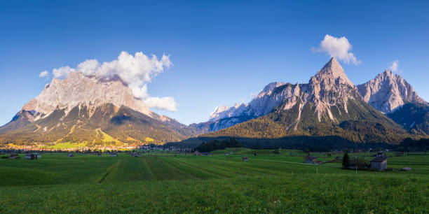 Summer meadow near ehrwald with view to Zugspitz and Sonnenspitze  -XXXL Panorama Ehrwald, Lech Valley, Austria, Meadow lech valley stock pictures, royalty-free photos & images