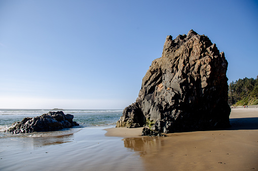 Sumer Oregon Coast landscape images with blue sky and sandy beaches.