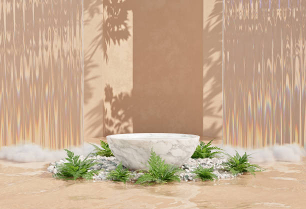 Summer product display podium with marble pedestal on water stock photo