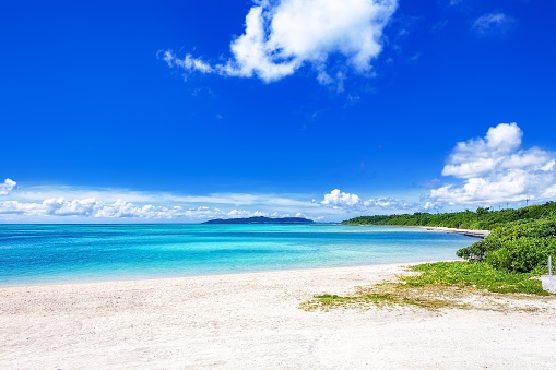 This is the summer seascape in Taketomi island in Okinawa prefecture, Japan.\nTaketomi island is one island of Yaeyama islands, it is well known as a tourist destination in this prefecture.
