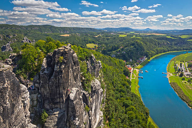 Summer view on river Elbe, Germany Famous view from Bastei Rocks in german national park on river Elbe, Germany  elbe river stock pictures, royalty-free photos & images