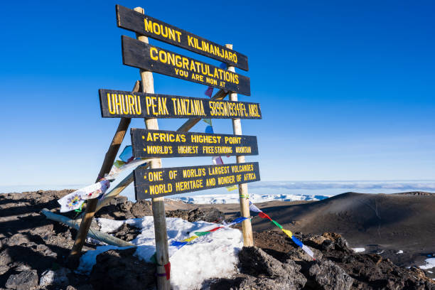 Summit sign of Mount Kilimanjaro, the highest peak of Africa Sign congratulating hikers that succeed to climb the highest peak of Africa, at the precise location of Uhuru peak, at altitude of 5895 meters mt kilimanjaro photos stock pictures, royalty-free photos & images