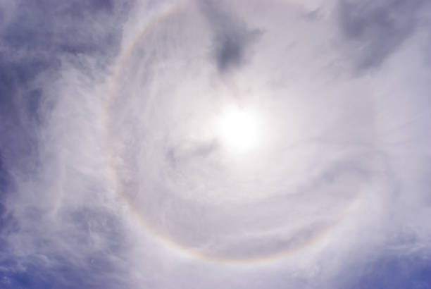 Sun halo phenomenon Sun halo phenomenon.  The halo is an optical effect caused by ice crystals interacting with light. cirrostratus stock pictures, royalty-free photos & images