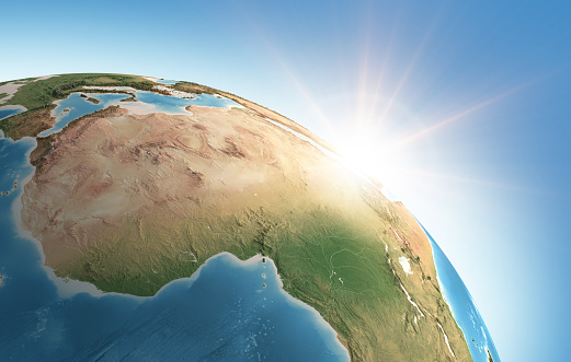 Sun shining over a high detailed view of Planet Earth, focused on Africa. 3D illustration (Blender software), elements of this image furnished by NASA (https://eoimages.gsfc.nasa.gov/images/imagerecords/73000/73776/world.topo.bathy.200408.3x5400x2700.jpg)