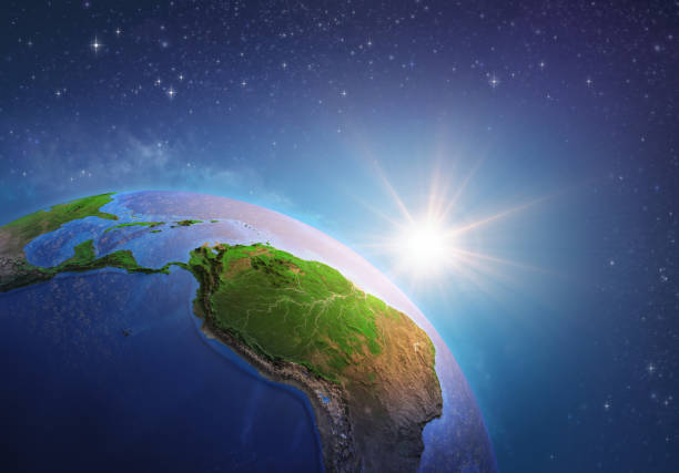 Sun shining over Amazonia from space Surface of the Planet Earth viewed from a satellite, focused on South America and Amazon rainforest, sun rising on the horizon. Physical map of Amazonia. 3D illustration (Blender software) - Elements of this image furnished by NASA (https://eoimages.gsfc.nasa.gov/images/imagerecords/73000/73776/world.topo.bathy.200408.3x5400x2700.jpg). latin america stock pictures, royalty-free photos & images
