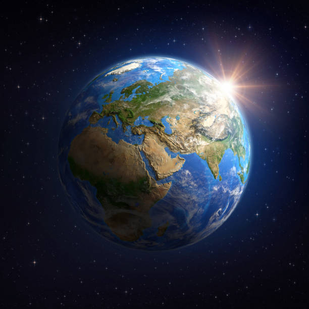 Sun shining over the Earth from space Planet Earth viewed from a satellite, focused on Europe, Asia and Africa, sun shining in the horizon. 3D illustration - Elements of this image furnished by NASA (https://eoimages.gsfc.nasa.gov/images/imagerecords/73000/73776/world.topo.bathy.200408.3x5400x2700.jpg) continent geographic area stock pictures, royalty-free photos & images