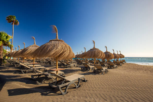 Sun umbrellas Torviscas Beach (Playa de Torviscas), near El Duque Castle, Tenerife, Spain. stock photo