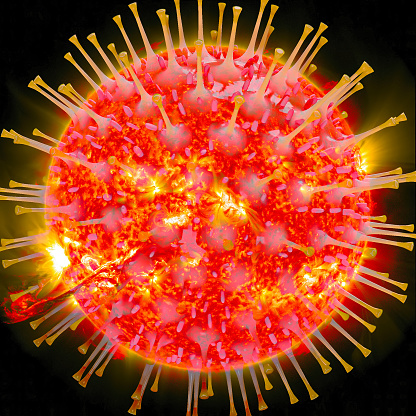 The sun with the prominences as a model of coronavirus. Close up. Elements of this image furnished by NASA