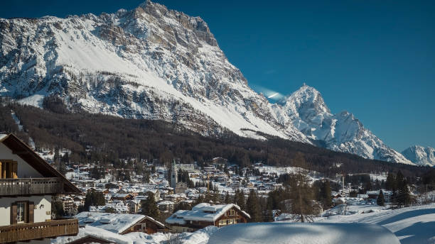Sunny panorama of Cortina d'Ampezzo, a fancy and nice city or village in italian dolomites on a sunny winter day with a lot of snow. stock photo