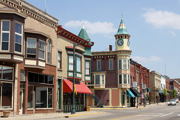 Sunny street and buildings in Berlin, Wisconsin stock photo