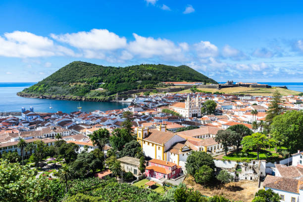 Sunny view of Angra do Heroismo from Alto da Memoria, Azores, Portugal Sunny view of Angra do Heroismo from Alto da Memoria, Azores, Portugal acores stock pictures, royalty-free photos & images