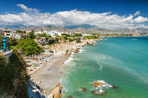 Sunny view of Mediterranean sea in Nerja, Andalusia province, Spain. Sunny view of Mediterranean sea from viewpoint of Europe's balcony in Nerja, Andalusia province, Spain. nerja stock pictures, royalty-free photos & images