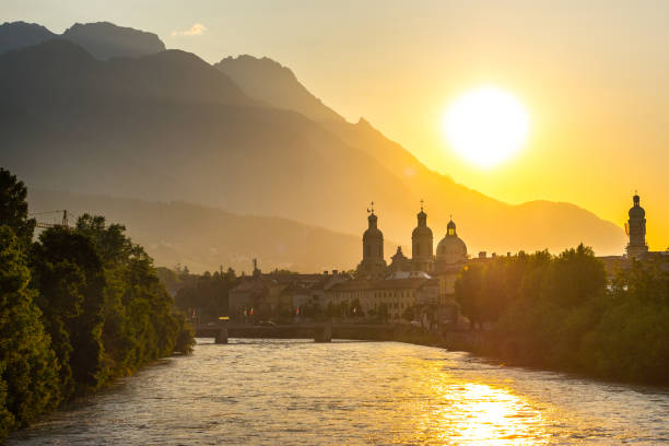Sunrise above the old town of Innsbruck, Austria stock photo