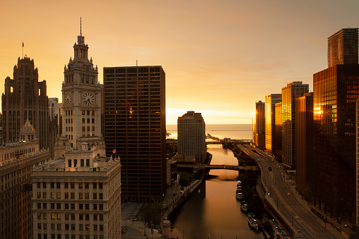 Sunrise view of the city buildings in Chicago, Illinois.