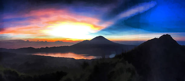 Drawing of Sunrise in mountains, sunrise digital illustration for...